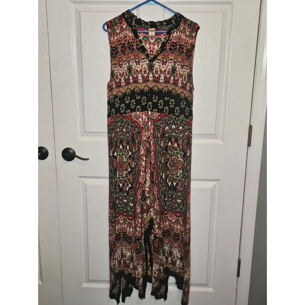 Bila V-neck Smocked Sleeveless Kaleidoscope Maxi Dress Handkerchief Hem Large